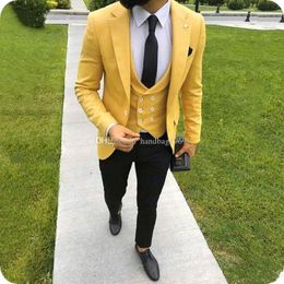 High Quality One Button Yellow Groom Tuxedos Notch Lapel Groomsmen Mens Wedding/Prom/Dinner Best Man Blazer (Jacket+Pants+Vest+Tie) K86