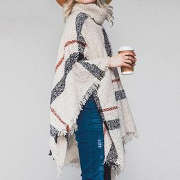 Women Plaid Cloak Autumn Winter Shawl High Collar Sweater Scarf Batwing Tassels Poncho For Girl knitted cape outwear