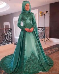Hunter Green Muslim Evening Dresses High Neck Long Sleeves Appliques Sequins Beaded Satin Hijab Party Dresses Saudi Arabic Evening Gowns