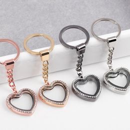 Floating Locket Keychains 30*8mm Full Rhinestone Heart Glass Key Ring Fit Floating Charms Key Chain Fashion Keyring