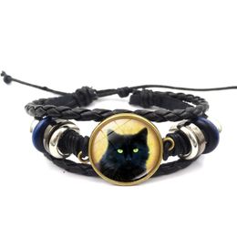 leather wrap bracelet pattern Canada - Men's Leather Jewelry With Glass Cabochon Cat Pattern Charm Leather Mutilayer Wrap Bracelet Bangle For Unisex Gift