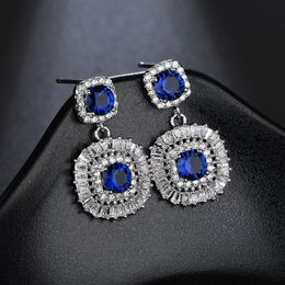 New Square Shaped Dangling Luxurious Earrings with Green Royal Blue CZ Stone For Bridal Wedding Party Jewellery Accessories Best Bijoux Gift