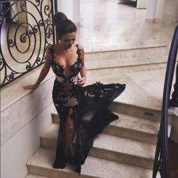 Black Appliques Mermaid Prom Dresses V Neck Sexy Women Formal Evening Dresses Side Split Sweep Train Custom Made Quinceanera Dresses