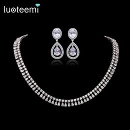 LUOTEEMI Luxury Elegant Bridal Necklace Earrings Set Shining Clear CZ Stone with White Gold-Color Jewelry Set for Women Wedding Accessories