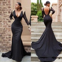 2k19 Open Back Black Dresses Evening Wear Sheer Long Sleeves Plugging Neck Gold Appliques Mermaid Arabic Prom Party Special Occasion Gowns