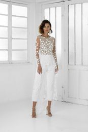 White Wedding Jumpsuit Beach Wedding Dresses Jewel Neck Long Sleeve Backless Ankle Length Wedding Gowns Custom Made Illusion Brida226B