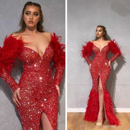 arabic aso ebi red sparkly prom dresses feather mermaid deep v neck pageant dress long sleeve high front split formal party gowns