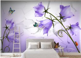 modern wallpaper for living room Beautiful fantasy purple flowers and butterflies 3D wallpapers TV background wall