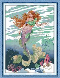 Mermaid beautiful girl home decor painting ,Handmade Cross Stitch Embroidery Needlework sets counted print on canvas DMC 14CT /11CT