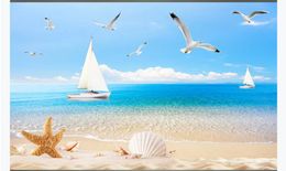 Customised 3d mural wallpaper photo wall paper Beach sailing boat seagull coconut tree sea shell seascape landscape 3d background mural