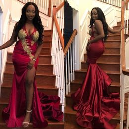 Sexy Deep V Neck Mermaid Prom Dresses With Gold Lace Appliqued Backless Front Split Mermaid Evening Gown Black Girls Satin Party Dress