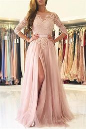 2022 Blush Pink Bridesmaid Dresses Lace Appliques Tulle Side Split Sashes Jewel Neck Open Back Long Wedding Guest Dress Maid of Honour Gowns