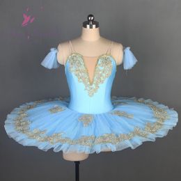 New pale blue pre-professional ballet tutu with gold applique trim Women & girl stage performance dance costumes ballet Tutu