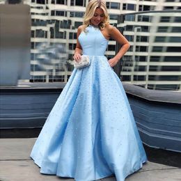 New Arrival High Neck Sky Blue Prom Evening dresses Plus size A-Line Backless Pearls Beading Prom dress Robe de soiree sukienki