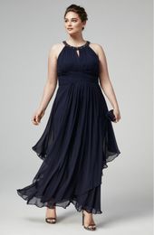 Stunning Beaded Plus Size Prom Dresses Halter Neckline Pleated Formal Dress Ankle Length Chiffon Evening Gowns SD3435