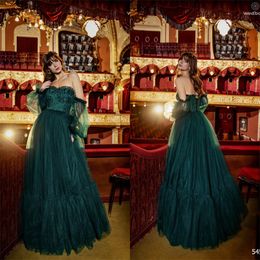 2020 Green Hot Sell A Line Evening Dresses Appliqued Tulle Strapless Sweep Train Formal Prom Dress Tiered Ruched Custom Made Party Gown