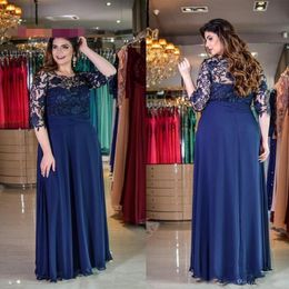 Navy Blue Mother Of The Bride Dresses illusion lace 3/4 sleeves Plus Size O Neck Sheer Lace Long Mother Of The Bride Dresses Dinner Dress