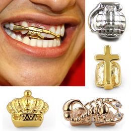 18K Gold Single Teeth Grillz Braces Punk Hip Hop Crown Cross Gun Dental Mouth Vampire Fang Grills Tooth Cap Cosplay Costume Party Rapper Body Jewelry Gifts Wholesale