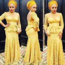 African Yellow Lace Prom Dresses Peplum Aso Ebi Style Long Party Evening Gowns Lace Appliques 3/4 Long Sleeve Mermaid Sheer Neck