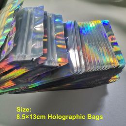 New Arrival 8.5x 13cm PET Holographic bag Accessories Storage Colour Flat Zip bagg Laser Mylar bags Pouch Reusable Aluminium Foil Food Safe package