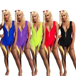 Women swimwear summer clothes tassel zipper one piece bikini swimsuit fashion sleeveless scoop neck beach sexy hot sale bathing suit 640