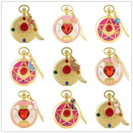 Steampunk Fashion Watches Golden Sailor Moon Magic Girl Pentagram Case Japanese Anime Women Lady Quartz Pocket Watch Necklace Chain Gift