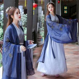 Traditional Chinese Hanfu Dress Elegant Fairy Woman Stage Folk Dance Costume Ancient Embroidery New Year Clothes Outfit