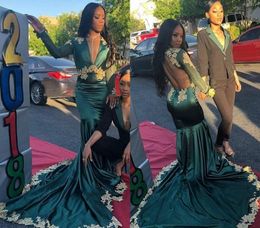 Dark Green Long Sleeves Prom Dresses 2019 South African Black Girls Deep V Neck Holidays Graduation Wear Evening Party Gowns Plus Size