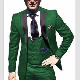 High Quality One Button Green Wedding Groom Tuxedos Peak Lapel Groomsmen Mens Suits Prom Blazer (Jacket+Pants+Vest+Tie) W93