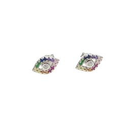 Wholesale- eye charm Gold silver plated 925 sterling silver rainbow Colourful cz paved bright silver eye stud earring