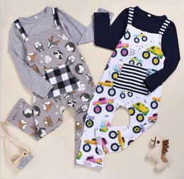 Autumn Baby Girls Outfits Solid Tops Suspender Pants 2pcs Sets Boys Long Sleeves Clothing Set Designer Car Cartoon Print Clothes LY05