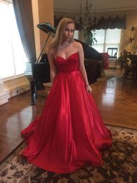 Strapless Red Prom Dresses 2019 Lace Top Prom Gowns Satin A Line Formal Evening Party Dress Long Occasion Graduation Dresses