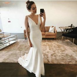 Mermaid Wedding Dress 2019 Sexy Deep V-neck Elastic Satin Bridal Dresses Sweep Train Custom Made 2019 Simple Wedding Gown