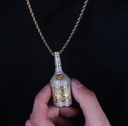 14K Iced Out Two-Tone Whiskey Wine Bottle Pendant Micro Pave Cubic Zircon Hip Hop Pendant Necklace For Men Women Gifts