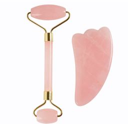 Jade Roller and Gua Sha Set Massager Natural Rose Quartz Roller Guasha Board for Face Massage Aging Wrinkles Puffiness Facial Skin Massager Treatment Therapy