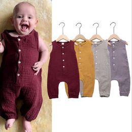 Baby Girls Clothes Solid Colour Boys Rompers Cotton Linen Kids Jumpsuits Sleeveless Infant Climbing Clothing Summer Baby Clothes DHW2729