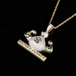 New Fashion 18k Real Gold Mens Bling Money Bag Dollar Sign Money Power Pendant Necklace Hip Hop Personalised Shiny Cubic Zirconia Jewellery Bijoux Gifts For Guys