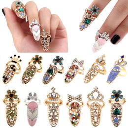 Fashion Rhinestone Cute Bowknot Finger Nail Ring Charm Crown Flower Crystal Female Personality Nail Art Rings Resizable Knuckle Party Ring