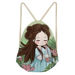 Cartoon Cute Girl Imprimer Sac à Cordonnet Pour Femmes Filles Drawstring Backpack Rucksack Style Chinois Voyage Pochette De Rangement Mochila