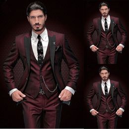 Wine Red Men's 3 Piece Suit with Black Peak Lapel Slim Fit Tuxedos Groomsman Wedding Tuxedos Formal Prom Suit (Jacket+Pants+Vest)