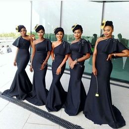 African Black Mermaid Bridesmaid Dresses With One Shoulder Satin Short Sleeves Beads Country Wedding Guest Gowns African Maid Of Honour Dress