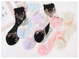 Floral Women Big Girls Elastic Glass Socks Ultrafine Silk Crystal Literary Lace Transparent Summer Short Stockings