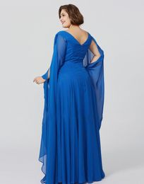 Royal Blue Chiffon Mother Of The Bride Dresses Jewel Neck Long Sleeve Plus Size Evening Dress Floor Length Formal Party Gowns254Q