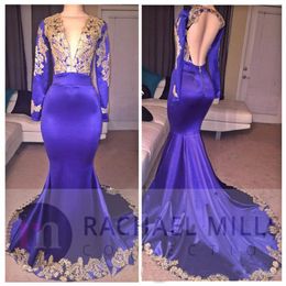 New Elegant Long Mermaid Prom Gown Gold Appliques Deep V Neck Long Sleeve Party Gowns Open Back Sweep Train South African Prom Dresses