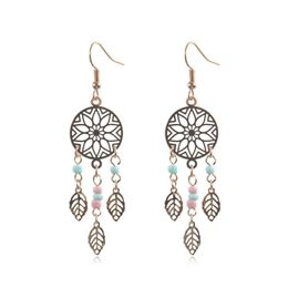Fashion Dream Catcher Long Leaf Dangle Earrings Bohemia Colorful Seed Bead Personalized Tassel Earring for Women Summer Holiday Jewelry