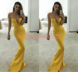 Simple style Yellow Mermaid Evening Dresses Spaghetti Straps Plus Size Long Party Prom Gown Pageant Arabic Formal Guest Robe De Soiree