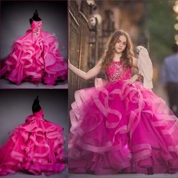 Lovely Fuchsia Ball Gown Girls Pageant Dresses Crystals Beaded Puffy Tiered Ruffle Party Birthday Gowns Flower Girl Dress For Weddings