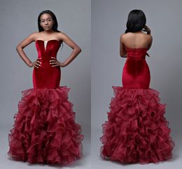 Ruffle Burgundy Velvet Organza Elegant Evening Gowns Strapless Zipper Trumpet Black Girls Prom Bridesmaid Dress Formal Party Gowns Long