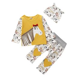 Kids Cartoon Animal Clothing Sets Long Sleeve Bow Tassel Horse Top + Horse Print Pants + Hat 3pcs/set Baby Outfits M2221