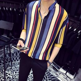 LOLDEAL Summer V-neck Loose Color Striped Beautiful Printed Shirt White Blue